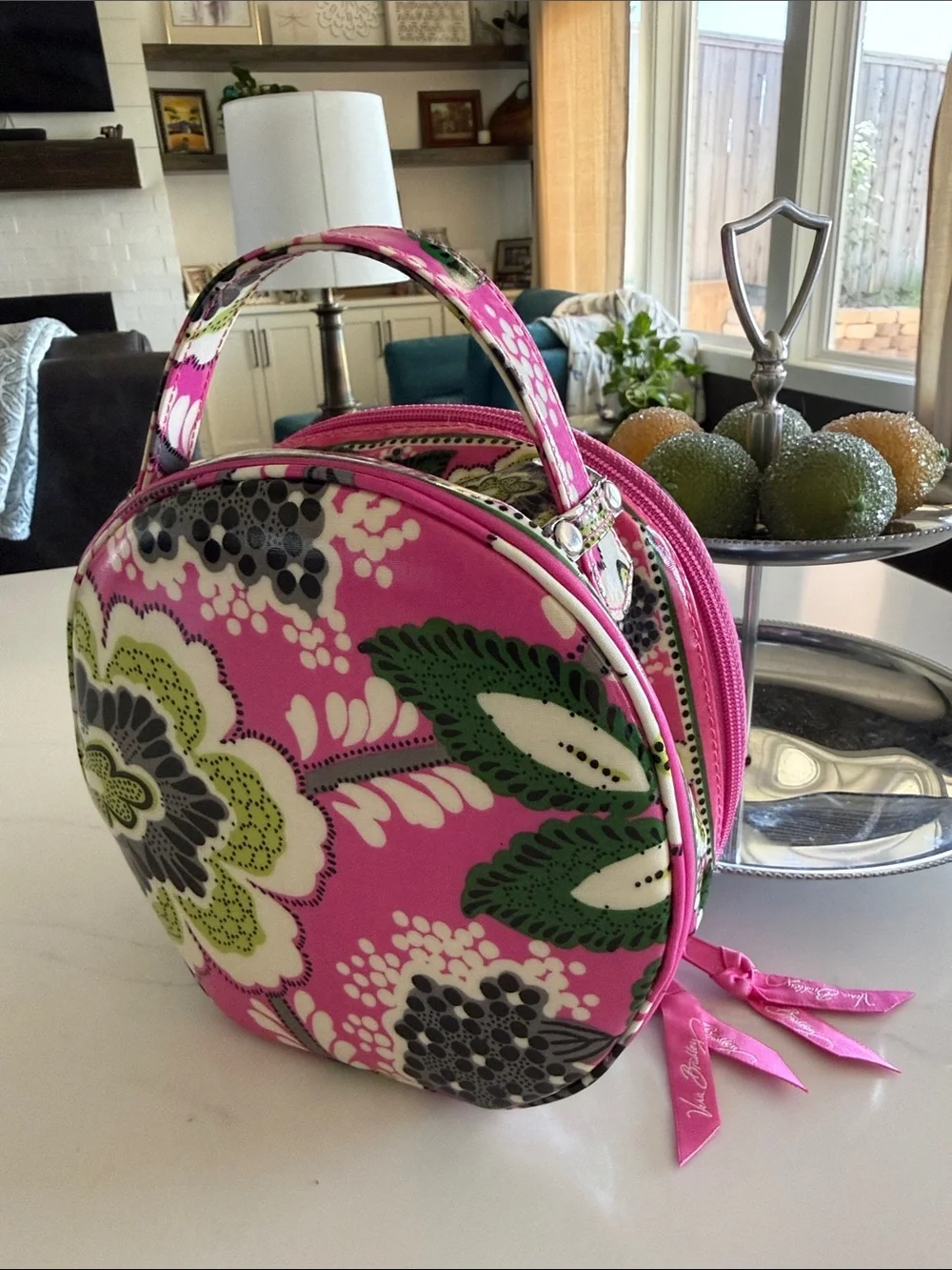 Vera Bradley Round Pink Floral Cosmetic Case with Top Handle NWOT